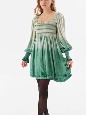 Urban Outfitters Fairy Dress XS Green Velvet Smocked Beaded Mini Boho Festival